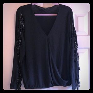 NWT Black dressy INC top with sequined fringe
